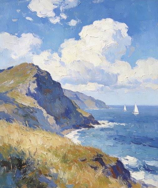 Original Landscape Paintings, Sails Beneath the Cliffside Clouds, Hand Painted Canvas Art, Small Canvas Wall Art Paintings, Buy Small Paintings Online, Original Oil Paintings-Grace Painting Crafts