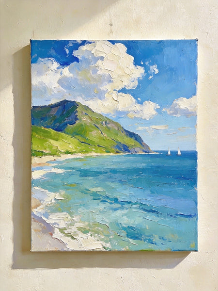 Hand Painted Canvas Art, Sunlit Coastal Sails, Original Landscape Paintings, Original Oil Paintings, Small Canvas Wall Art Paintings, Buy Small Paintings Online-Grace Painting Crafts