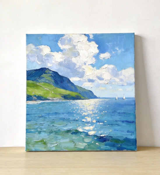 Bright Shoreline of the Blue Coast, Original Landscape Paintings, Original Oil Paintings, Hand Painted Canvas Art, Small Canvas Wall Art Paintings, Buy Small Paintings Online-Grace Painting Crafts