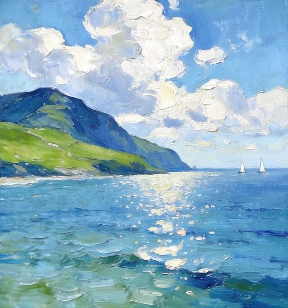 Bright Shoreline of the Blue Coast, Original Landscape Paintings, Original Oil Paintings, Hand Painted Canvas Art, Small Canvas Wall Art Paintings, Buy Small Paintings Online-Grace Painting Crafts