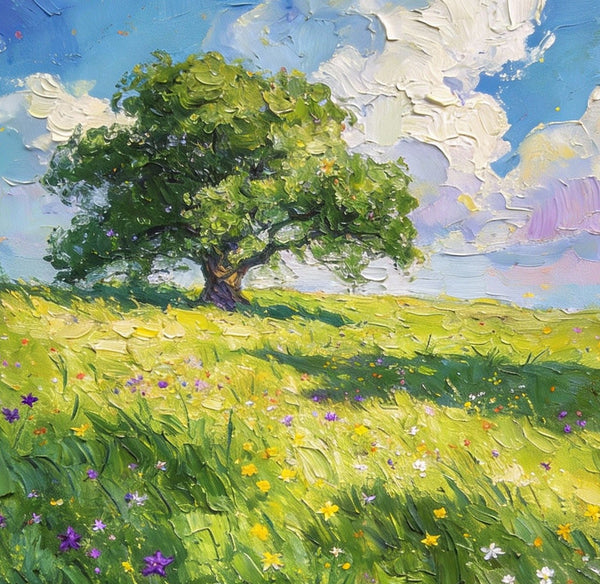Springtime Landscape, A Vibrant Meadow under a Cloudy Sky, On Canvas Small Paintings, Landscape Oil Paintings, Hand Painted Canvas Art, Original Artwork Small Paintings on Wall-Grace Painting Crafts