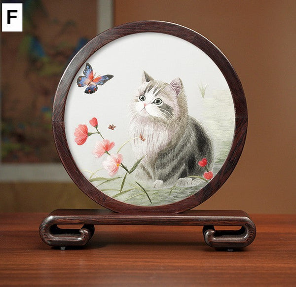 Unique Birthday Gift, Traditional Chinese Suzhou Kitten Embroidery Ornament, Lovely Kitty Cat Embroidered Decor, Premium Souvenir, Exclusive Business Present-Grace Painting Crafts