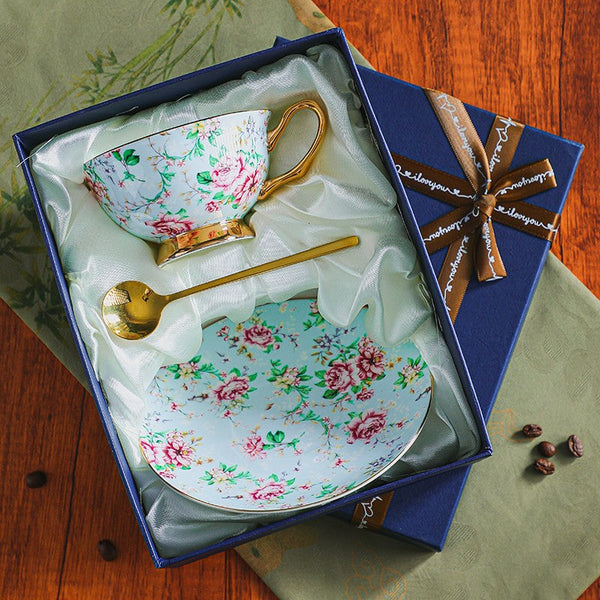 Porcelain Tea Cup and Saucer Set, Elegant British Ceramic Coffee Cup with Saucer, Floral British Tea Cup and Saucer in Gift Box-Grace Painting Crafts