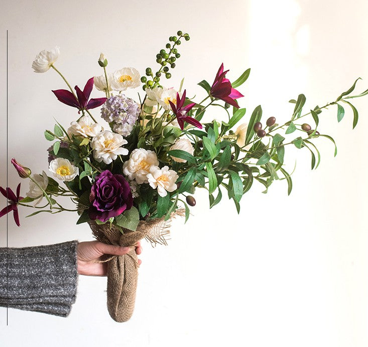 Clematis, Olive Branch, Sweet Alyssum, Corn poppy, Cranberry, Iceberg Rose Flowers, Unique Flower Arrangement for Home Decoration, Beautiful Artificial Flowers for Living Room-Grace Painting Crafts