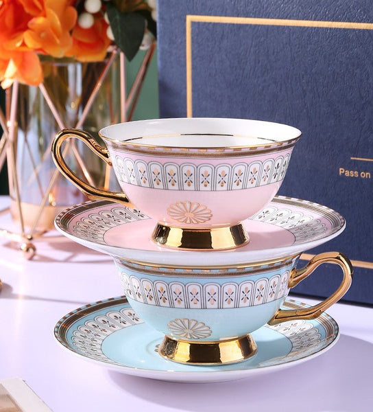 Royal Blue and Pink Bone China Porcelain Tea Cup Set, Tea Cups and Saucers in Gift Box, Elegant Ceramic Coffee Cups, Beautiful British Tea Cups