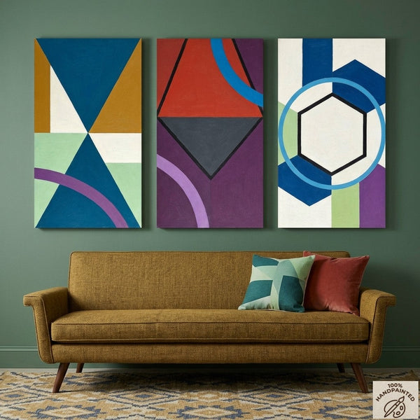 Geometric Abstract Paintings for Modernism Living Room Decor, Multi Panel Canvas Art, Extra Large Group Paintings, Hand Painted Artwork-Grace Painting Crafts