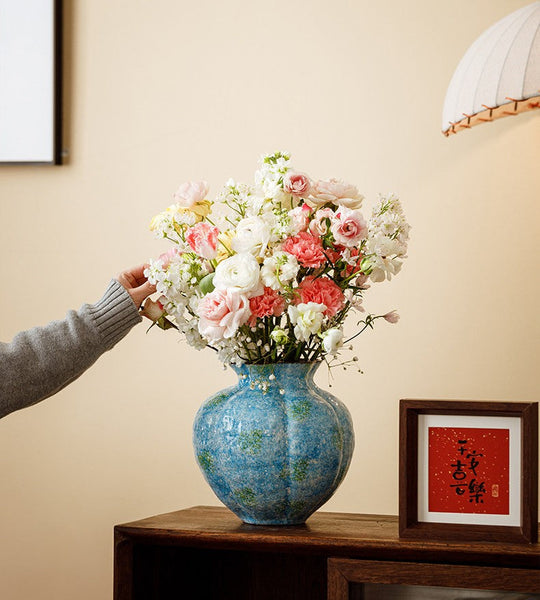 Pottery Flower Vases, Modern Bouquet Flower Vases, Centerpiece on Dining Table, Blue Flower Vase on Table, Handmade Water Holding Flower Vases-Grace Painting Crafts