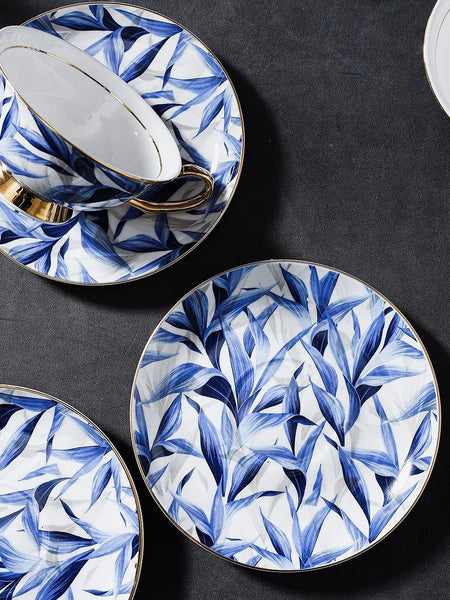 Unique British Tea Cup and Saucer in Gift Box, Blue Porcelain Tea Cup Saucer Set, 7.4 oz British Ceramic Coffee Cups-Grace Painting Crafts