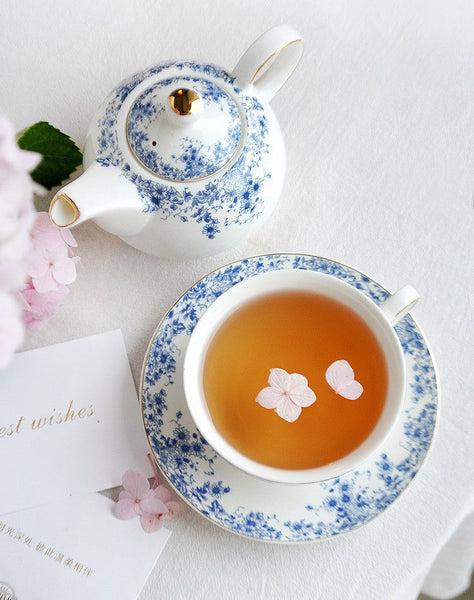 Mother and Baby Teapot with Matching Saucer British Style Porcelain Teapot with Matching Cup and Saucer in Gift Box, Ceramic Tea Pot with Integrated Cup, Stackable Teapot and Cup Set-Grace Painting Crafts