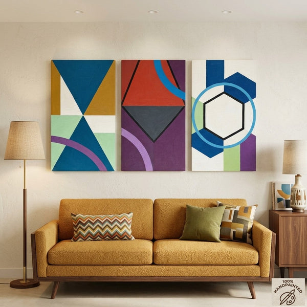 Geometric Abstract Paintings for Modernism Living Room Decor, Multi Panel Canvas Art, Extra Large Group Paintings, Hand Painted Artwork-Grace Painting Crafts