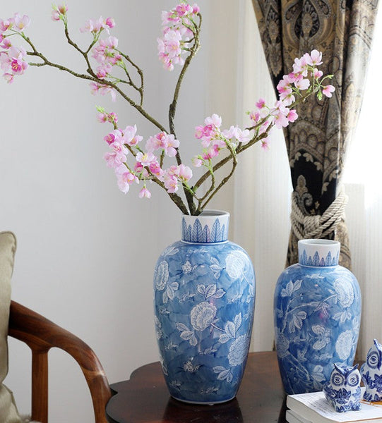 Large Flower Vases on Dining Table, Blue Porcelain Flower Vases, Centerpiece Ceramic Bouquet Vases, Handmade Modern Flower Vase-Grace Painting Crafts