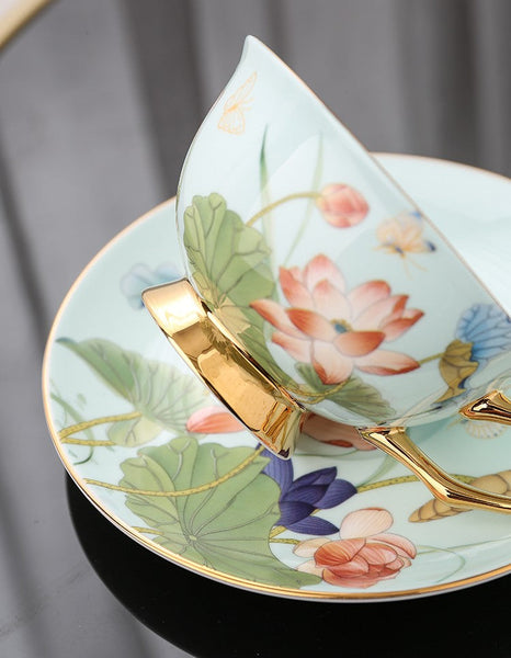 Unique British Tea Cup and Saucer in Gift Box, Lotus Flower Porcelain Tea Cup Saucer Set, Elegant British Ceramic Coffee Cups-Grace Painting Crafts