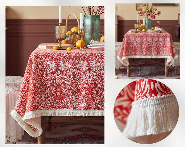 Large Fiberflax Rectangle Tablecloth for Home Decoration, Red Flower Pattern Tablecloth for Holiday Decoration, Square Tablecloth for Round Table-Grace Painting Crafts