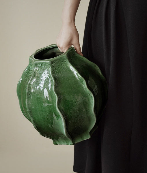 Large Contemporary Vases on Dining Table, Handmade Modern Flower Vase, Centerpiece Ceramic Bouquet Vases, Green Porcelain Vases for Modern Home Decor-Grace Painting Crafts