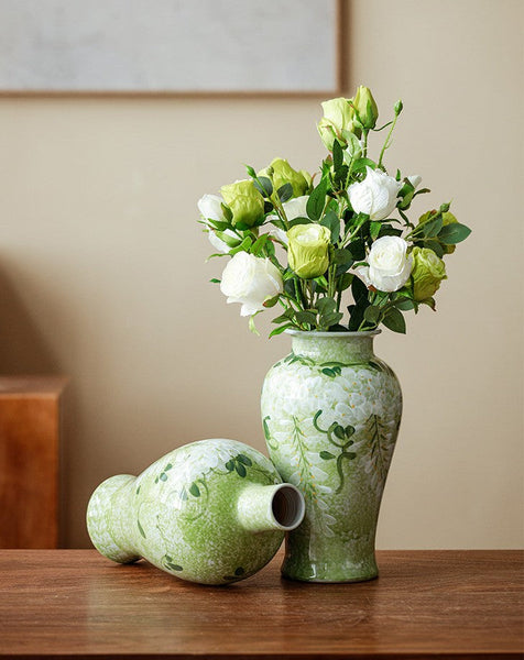 Large Flower Vases on Table, Green Porcelain Flower Vases, Centerpiece Ceramic Bud Vases, Handmade Water Holding Flower Vase-Grace Painting Crafts