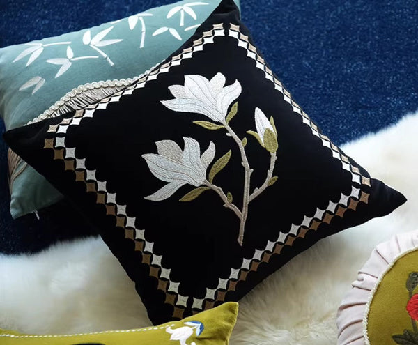 Magnolia Embroidered Cushion, Decorative Pillow Arrangement Ideas for Couch, Large Decorative Pillows for Couch, Modern Throw Pillows for Bedroom, Living Room Decorative Pillows-Grace Painting Crafts