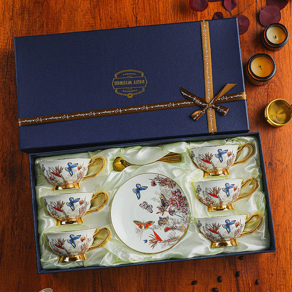 British Traditional Afternoon Tea Cup and Saucer Set, Ceramic Coffee Cups in Gift Box, Butterfly Pattern Porcelain Tea Cup and Saucer Set