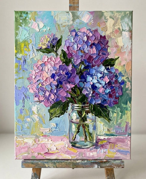 Hand Painted Canvas Art, Original Flower Paintings, Blue and Purple Hydrangea Flowers in Glass Vase, Small Canvas Artwork, Impasto Canvas Artwork, Original Oil Paintings-Grace Painting Crafts