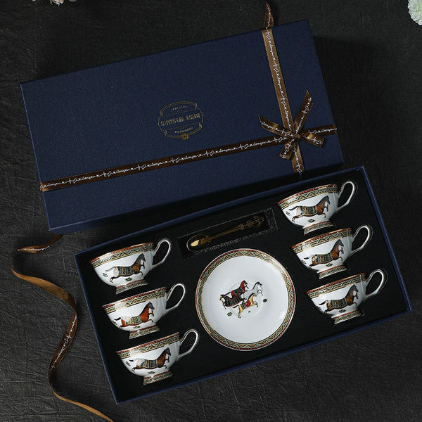 Elegant British Horse Pattern Coffee Cup with Saucer, Ceramic Tea Cup and Saucer in Gift Box, Porcelain Tea Cup and Saucer Set-Grace Painting Crafts