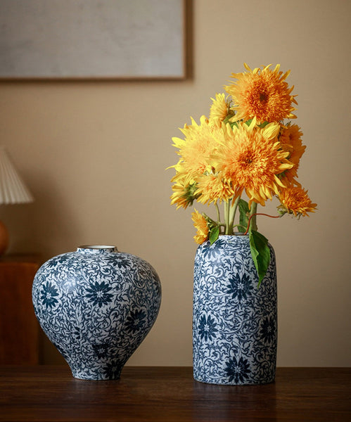 Centerpiece on Dining Table, Large Blue Flower Vase on Table, Vintage Bouquet Flower Vases, Handmade Porcelain Flower Vases Urn, Water Holding Flower Vases-Grace Painting Crafts