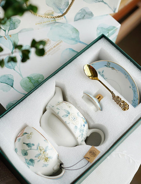Stackable Teapot and Cup Set, Ceramic Tea Pot with Integrated Cup, Porcelain Teapot with Matching Cup and Saucer in Gift Box, Mother-and-Baby Teapot with Matching Saucer-Grace Painting Crafts