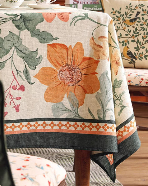 Linen Table Cover for Dining Room Table, Beautiful Kitchen Table Cover, Spring Flower Tablecloth for Round Table, Simple Modern Rectangle Tablecloth Ideas for Oval Table-Grace Painting Crafts