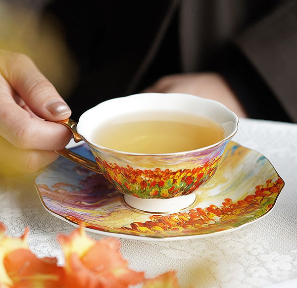 Elegant Ceramic Coffee Cups, Flower Field Vintage Porcelain Tea Cup Saucer Set, Unique British Tea Cup and Saucer in Gift Box, Royal Ceramic Cups-Grace Painting Crafts