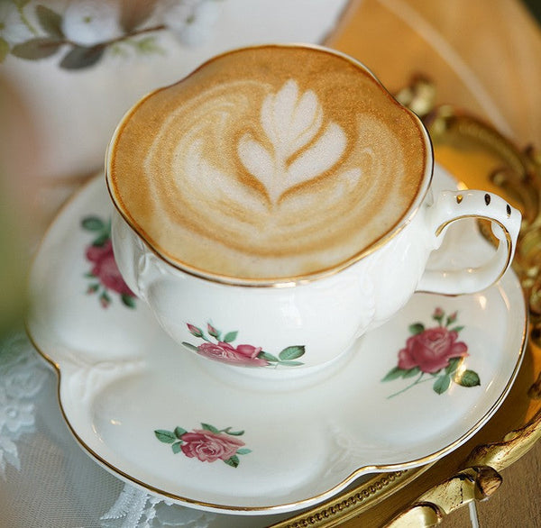 British Royal Ceramic Cups for Traditional Afternoon Tea, 7.4 oz Ceramic Coffee Cups, Rose Porcelain Tea Cup Saucer Set, 6.8 oz Tea Cup and Saucer in Gift Box-Grace Painting Crafts