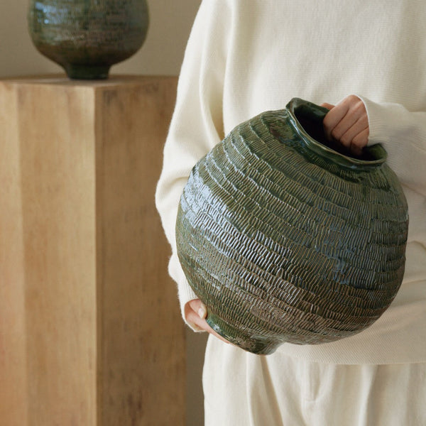 Centerpiece Ceramic Bouquet Vases, Green Porcelain Vases for Modern Home Decor, Large Contemporary Vases on Dining Table, Handmade Modern Flower Vase-Grace Painting Crafts