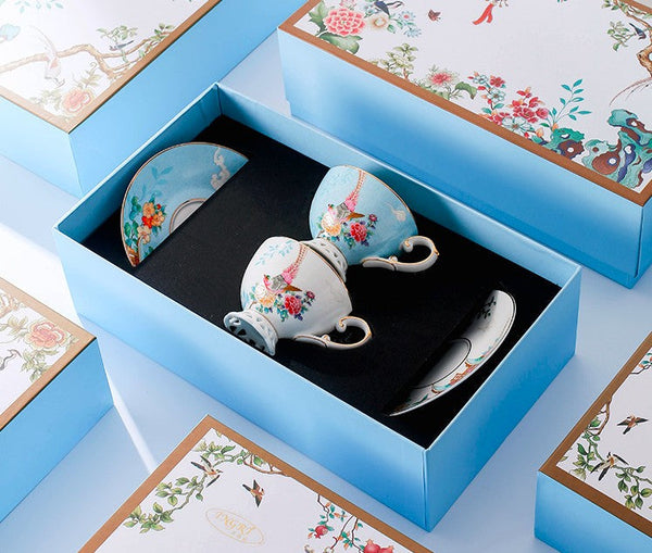Beautiful Bird Pattern Tea Cups, 8 oz Porcelain Tea Cup Saucer Set of 2 Cups, Elegant Oriental Pheasant Ceramic Cup and Saucer in Gift Box-Grace Painting Crafts