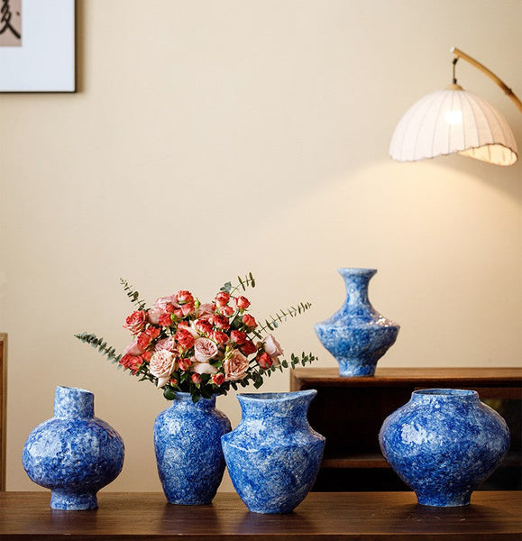 Handmade Water Holding Flower Vases, Centerpiece on Dining Table, Blue Pottery Bud Vases, Large Flower Vases on Table, Modern Pottery Flower Vases-Grace Painting Crafts