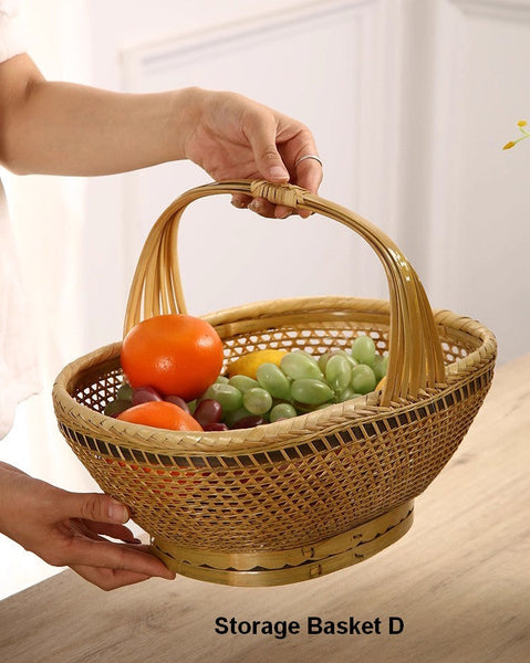 Natural Hand-woven Bamboo Basket, Natural Fruit Basket Kitchen Storage Baskets, Extra Large Picnic Food Basket with Handle, Lovely Bamboo Baskets for Vegetable-Grace Painting Crafts