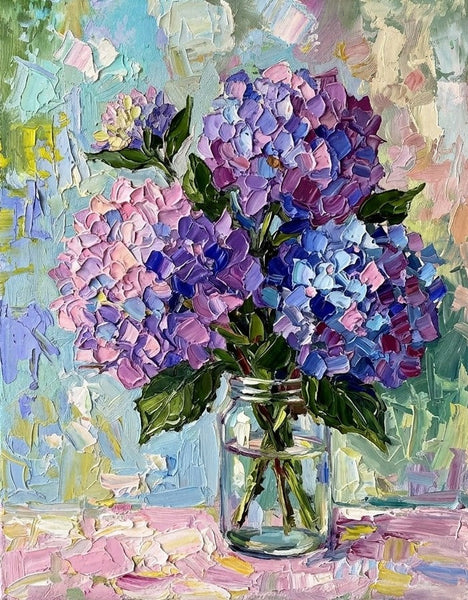 Hand Painted Canvas Art, Original Flower Paintings, Blue and Purple Hydrangea Flowers in Glass Vase, Small Canvas Artwork, Impasto Canvas Artwork, Original Oil Paintings-Grace Painting Crafts