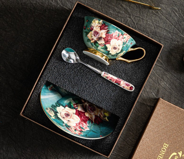 Large Rose Royal Ceramic Cups, Afternoon Bone China Porcelain Tea Cup Set, Unique Tea Cups and Saucers in Gift Box, Elegant Flower Ceramic Coffee Cups-Grace Painting Crafts