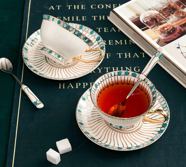 Unique Tea Cup and Saucer in Gift Box, Elegant British Ceramic Coffee Cups, Bone China Porcelain Tea Cup Set for Office, Green Ceramic Cups-Grace Painting Crafts