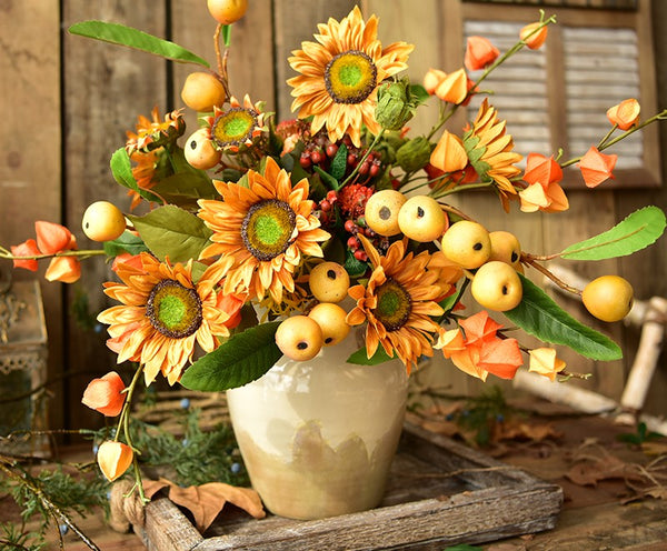 Yellow Sunflowers, Botany Plants, Unique Floral Arrangement for Home Decoration, Table Centerpiece, Real Touch Artificial Flowers for Dining Room-Grace Painting Crafts