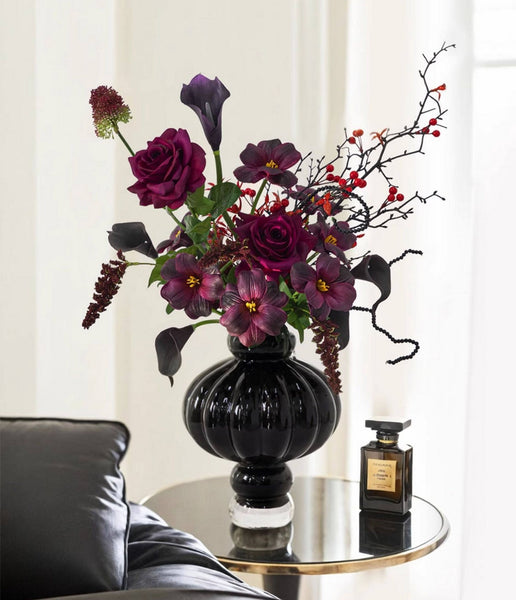 Unique Contemporary Vases for Modern Home Decor, Black Glass Bud Vases, Handmade Liuli Vases, Centerpiece Vases on Table, Black Glaze Vase-Grace Painting Crafts