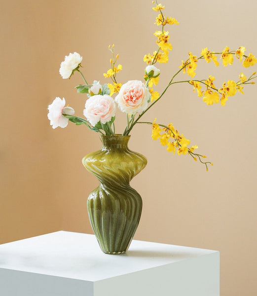 Handmade Contemporary Glass Vases, Modern Green Vases for Living Room, Mid Century Vases for Flowers, Unique Decorative Glass Vase, Centerpiece Vases on Table-Grace Painting Crafts