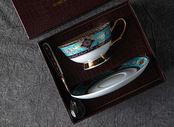 Unique Tea Cup and Saucer in Gift Box, 7.4 oz British Ceramic Coffee Cups, Porcelain Tea Cup Set for Office-Grace Painting Crafts