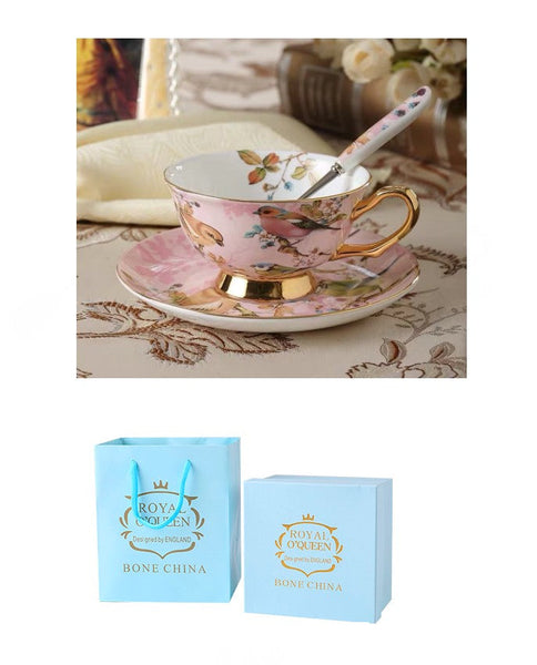Elegant Ceramic Coffee Cups, Beautiful British Tea Cups, Bird Bone China Porcelain Tea Cup Set, Tea Cups and Saucers in Gift Box as Birthday Gift-Grace Painting Crafts