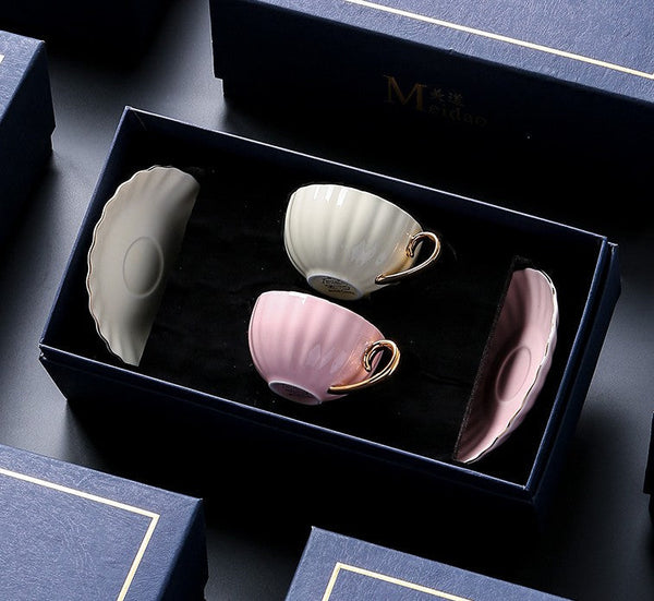 Elegant Macaroon Ceramic Coffee Cups, Beautiful British Tea Cups, Creative Porcelain Tea Cup Saucer Set of 2 Cups, 6.8 oz Tea Cup and Saucer in Gift Box as Birthday Gift-Grace Painting Crafts