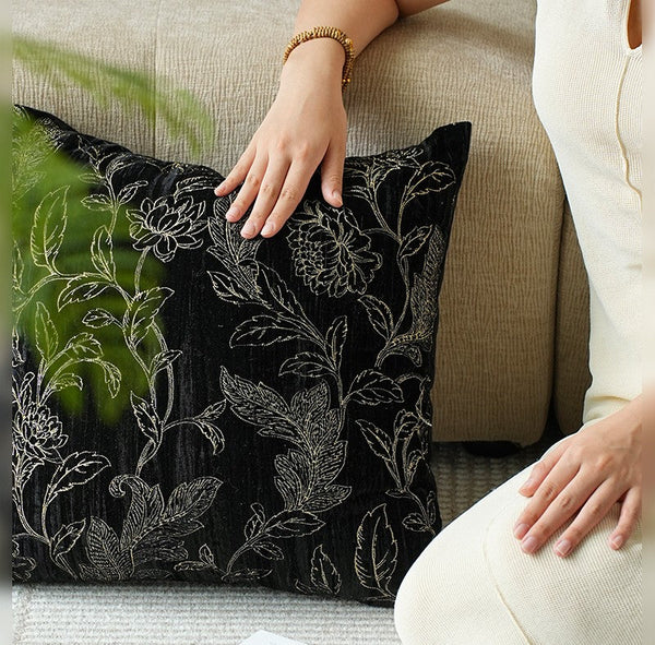 Contemporary Modern Sofa Pillows, Black Embroidery Flower Pattern Pillows for Couch, Decorative Throw Pillows for Bedroom, Large Modern Sofa Pillow for Dining Room-Grace Painting Crafts