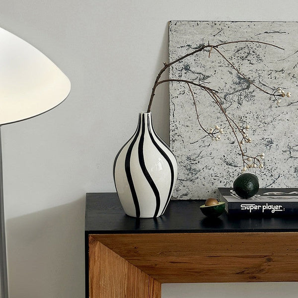 Water Holding Flower Vases, Black and White Striped Ceramic Vase, Porcelain Flower Vases, Modern Flower Vases on Table-Grace Painting Crafts