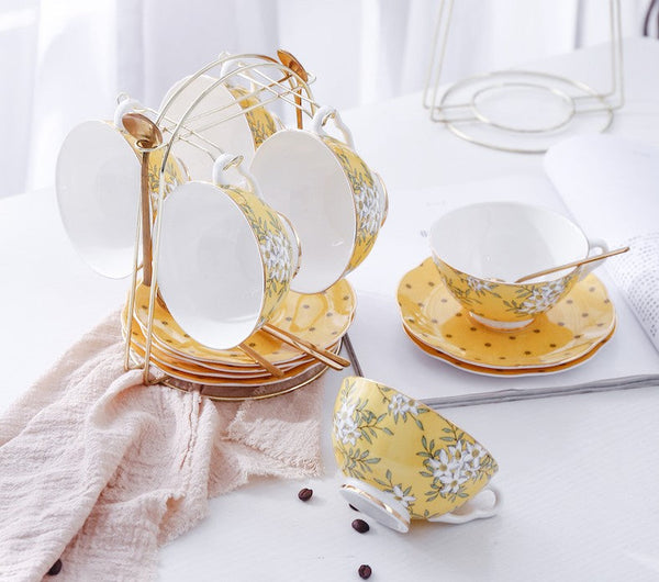 Creative Yellow Ceramic Coffee Cups, Unique Flower Coffee Cups and Saucers, Beautiful British Tea Cups, Creative Porcelain Tea Cup Set-Grace Painting Crafts