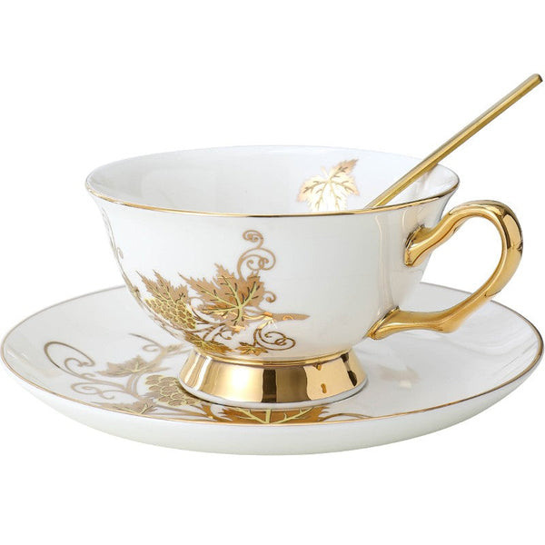 Elegant British Ceramic Coffee Cups, 7.4 oz Golden Leaves and Grapes Porcelain Tea Cup Saucer Set, Unique British Tea Cup and Saucer in Gift Box-Grace Painting Crafts