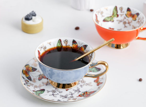 Creative Butterfly Ceramic Coffee Cups, Unique Butterfly Coffee Cups and Saucers, Beautiful British Tea Cups, Creative Bone China Porcelain Tea Cup Set-Grace Painting Crafts