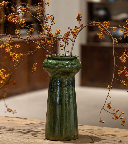 Ceramic Bouquet Vases, Green Flower Vases on Table, Porcelain Flower Vases, Dining Table Centerpiece, Handmade Water Holding Flower Vase-Grace Painting Crafts