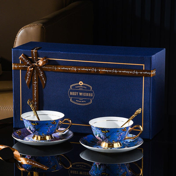 Unique British Tea Cup and Saucer in Gift Box, Blue Bird and Butterfly Bone China Porcelain Tea Cup Set, Elegant British Ceramic Coffee Cups-Grace Painting Crafts