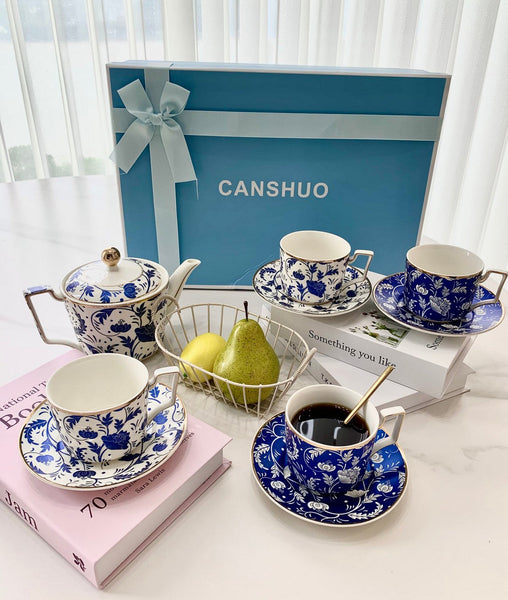 Ceramic Coffee Cup with Saucer in Gift Box, Blue Porcelain Tea Cup and Saucer Set, British Traditional Afternoon Tea Cup Set with Teapot