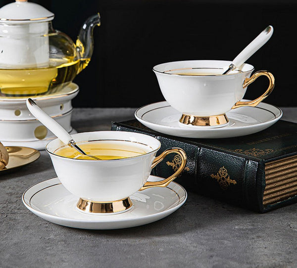 White Ceramic Cups, Elegant British Ceramic Coffee Cups, 7.8 oz Porcelain Tea Cup Saucer Set, Unique Tea Cup and Saucer in Gift Box-Grace Painting Crafts